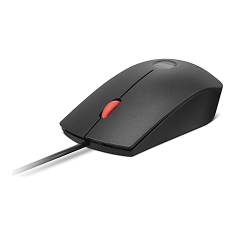 Schwarze Computermaus mit rotem Scrollrad und Kabel, vor weißem Hintergrund.