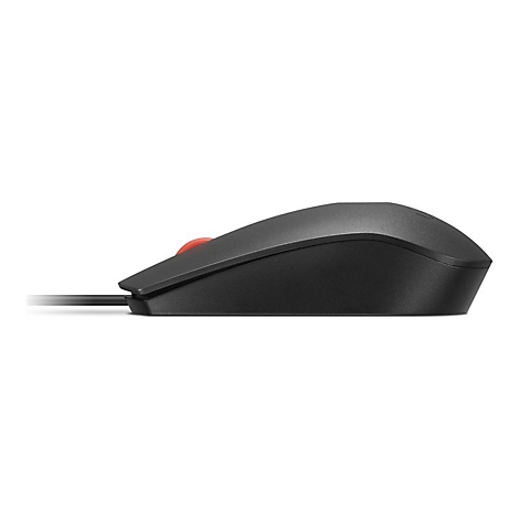 Schwarze Computermaus, seitlich abgebildet. Mit rotem Scrollrad und Kabel. Auf weißem Hintergrund.