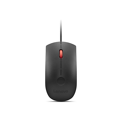 Schwarze Lenovo Maus. Rotes Mausrad. Kabelanschluss oben.