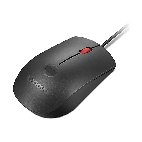 Schwarze Lenovo-Maus mit rotem Scrollrad auf weißem Hintergrund.
