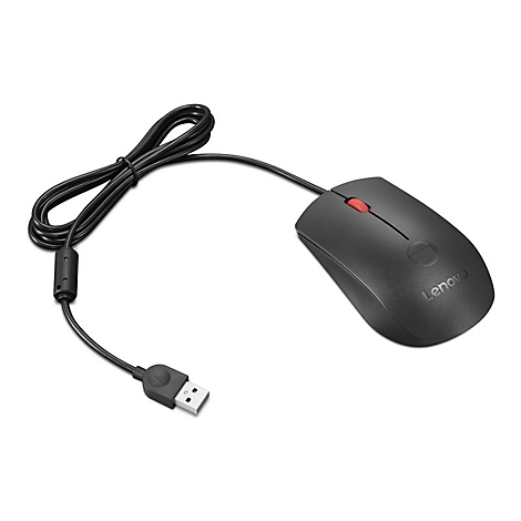 Schwarze Lenovo Maus mit roter Taste, Kabel mit USB-Stecker.