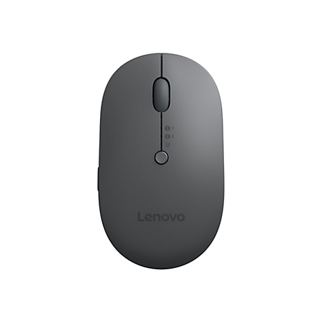 Souris Lenovo grise sans fil, vue de dessus. Sur le dessus, une molette de défilement, un indicateur Bluetooth et un petit bouton. Logo Lenovo.