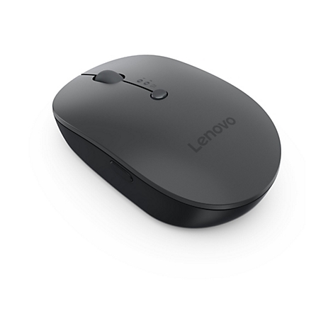 Souris Lenovo sans fil, gris foncé. Une molette de défilement et des boutons sont situés sur le dessus. Le mot Lenovo est écrit sur la souris.