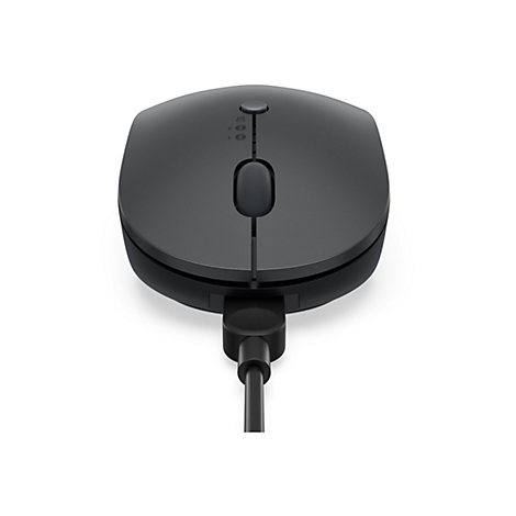 Souris grise sans fil avec câble noir. Elle comporte des boutons et des indicateurs sur le dessus.