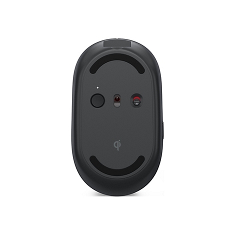 Vue de dessus d'une souris sans fil. Le bas comporte un bouton, un capteur, un commutateur et un logo Qi pour la recharge sans fil.