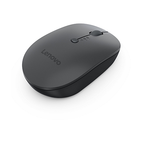 Drahtlose, dunkelgraue Lenovo-Maus. Oben links das Lenovo-Logo. Oben befinden sich Knöpfe und ein Scrollrad.
