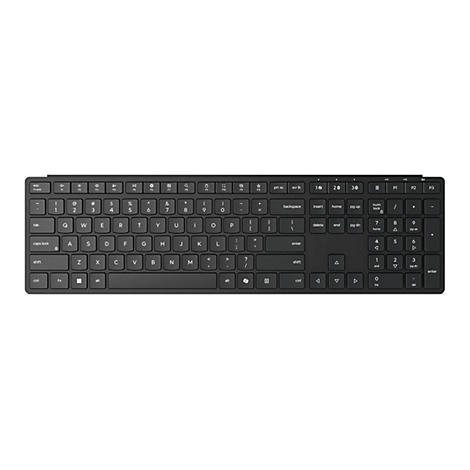 Schwarze kabellose Tastatur mit QWERTY-Layout und Ziffernblock auf weißem Hintergrund.