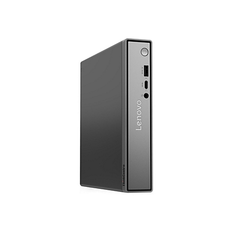 Ein grauer Lenovo ThinkCentre-Computer steht aufrecht, vor weißem Hintergrund. Sichtbar sind Anschlüsse und der Markenname.