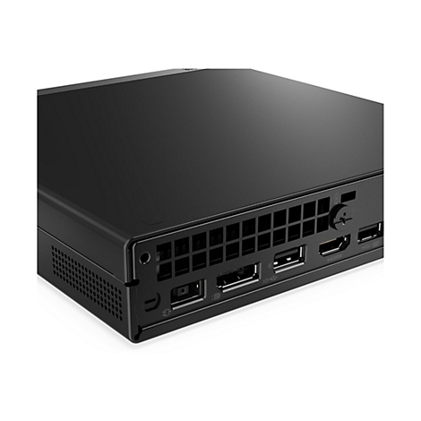 Nahaufnahme eines schwarzen Mini-Computers mit Anschlüssen, wie HDMI und USB.