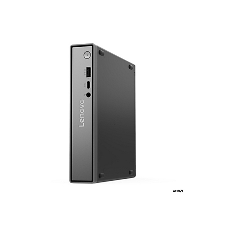 Ein grauer Lenovo Mini-PC auf weißem Hintergrund. Der PC hat USB-Anschlüsse, einen Audioanschluss und das Lenovo-Logo auf der Vorderseite.