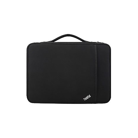 Schwarze Laptop-Tasche mit Tragegriff. Am rechten Rand befindet sich ein Gummiband. Der Schriftzug „ThinkPad“ ist unten rechts zu sehen.