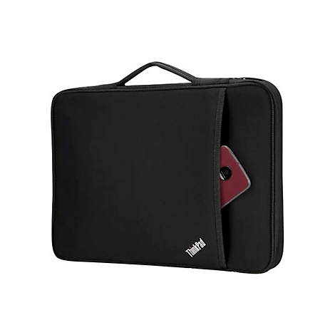 Schwarze Laptop-Tasche mit Tragegriff. Eine rote Smartphone Ecke steckt in einer Seitentasche, ThinkPad-Logo.