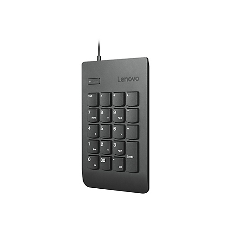 Schwarzer Lenovo Ziffernblock mit Kabel vor weißem Hintergrund.