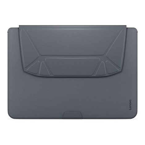 Graue Laptoptasche mit Klappe. Auf der Tasche das Lenovo-Logo.
