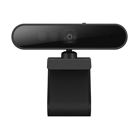 Schwarze Webcam mit länglichem, abgerundeten Gehäuse. Drei Linsen sind deutlich zu erkennen. Montiert auf einem eckigen Sockel.