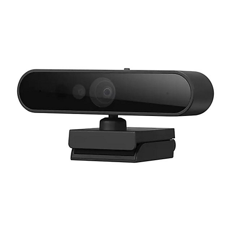 Schwarze Webcam mit Objektiven und Halterung, Frontalansicht.