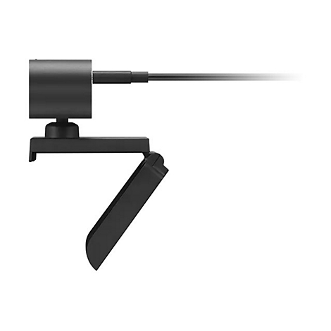 Schwarze Webcam mit rundem Kamerakopf, Kabel und Clip-Halterung.