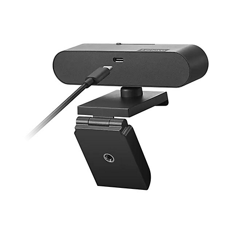Schwarze Webcam mit USB-C Kabel, Lenovo-Logo, befestigt an einem schwarzen Ständer.