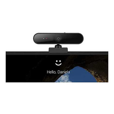Eine schwarze Webcam auf einem Laptop-Bildschirm mit der Begrüßung: Hallo, Daniela.