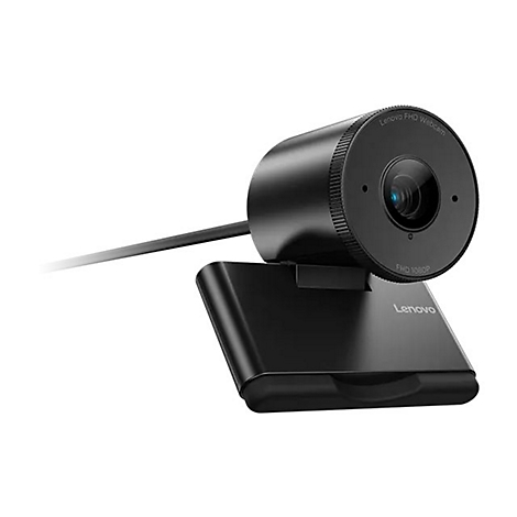Webcam Lenovo FHD noire. Caméra ronde avec texte : FHD Webcam, FHD 1080P. Fixée sur un support noir.