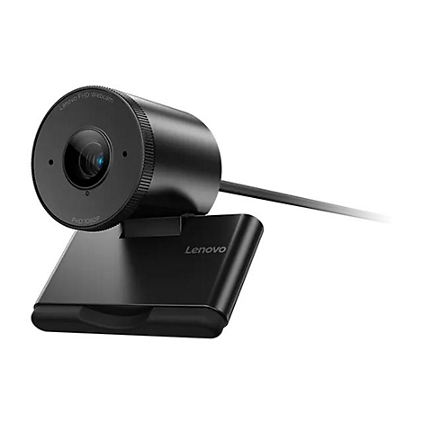 Webcam Lenovo noire, ronde avec objectif, support. Inscriptions : Lenovo FHD Webcam, FHD 1080P.