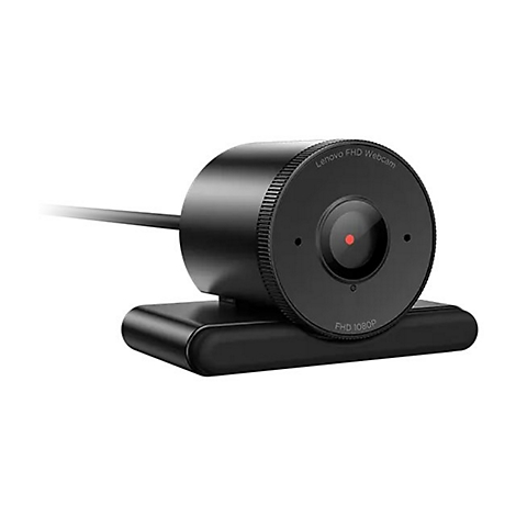 Webcam Lenovo FHD noire. Caméra ronde avec objectif rouge. Inscription : Lenovo FHD Webcam, FHD 1080P.