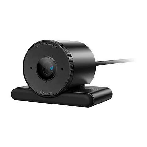 Webcam Lenovo noire avec un objectif rond, un microphone et un câble attachés à une base. Inscriptions : FHD Webcam et FHD 1080P.