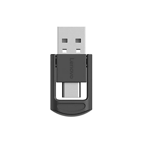 Schwarzer USB-Stick von Lenovo mit USB-A- und USB-C-Anschluss, vor weißem Hintergrund.