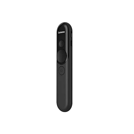 Schwarzer Lenovo Präsentations-Clicker mit Knöpfen und Logo. Die längliche Form ist ergonomisch gestaltet.