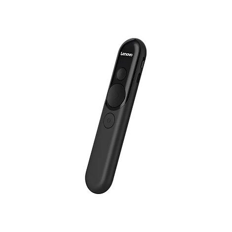 Schwarzer Lenovo Präsentations-Clicker mit drei Knöpfen, gegen weißen Hintergrund.