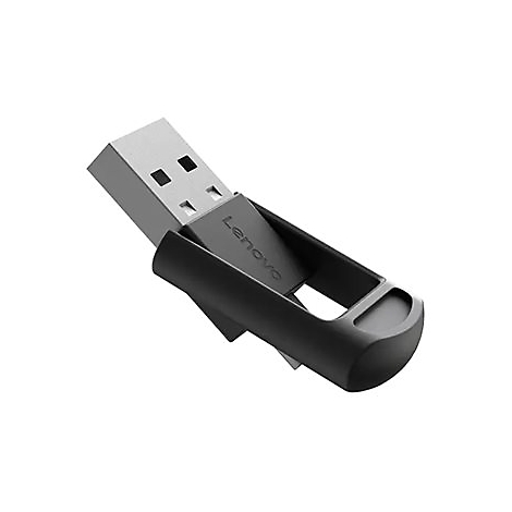 Schwarzer USB-Stick von Lenovo. Die Metallspitze ist in einem Winkel von etwa 45 Grad nach links geneigt.