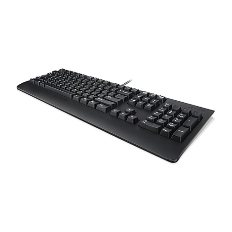 Schwarze, kabelgebundene Lenovo-Tastatur mit Ziffernblock auf weißem Hintergrund.