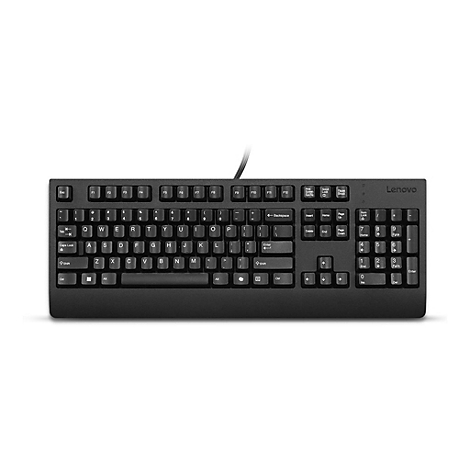 Schwarze kabelgebundene Lenovo-Tastatur in Vollgröße mit QWERTY-Layout vor weißem Hintergrund.