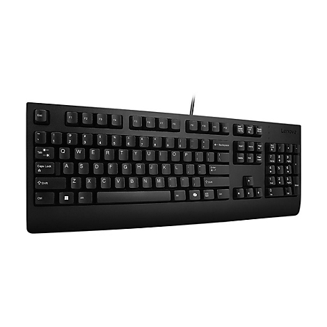 Schwarze kabelgebundene Lenovo Tastatur mit QWERTZ-Layout und Nummernblock vor weißem Hintergrund.