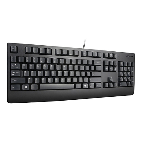 Schwarze Lenovo-Tastatur mit beschrifteten Tasten. Das Lenovo-Logo befindet sich rechts oben.