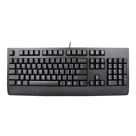 Schwarze Lenovo-Tastatur mit weißer Beschriftung. Buchstaben, Zahlen und Funktionstasten sind sichtbar. Das Lenovo-Logo befindet sich rechts oben.