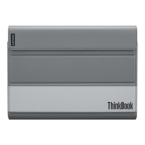 Graue Lenovo ThinkBook Tablet-Hülle. Logo oben links, ThinkBook-Schriftzug unten rechts.