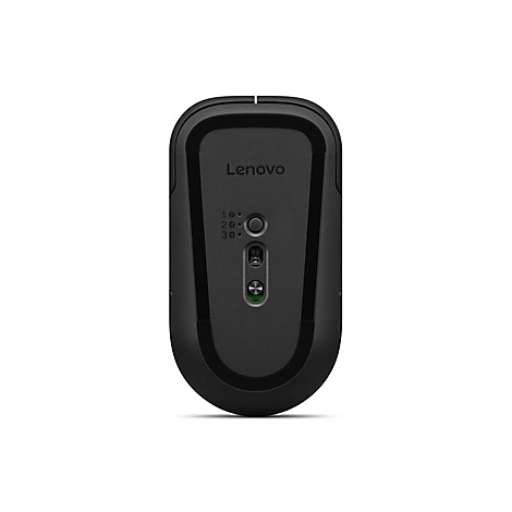 Schwarze Lenovo Maus von oben gesehen, mit Logo und DPI-Anzeige. Auf weißem Hintergrund.