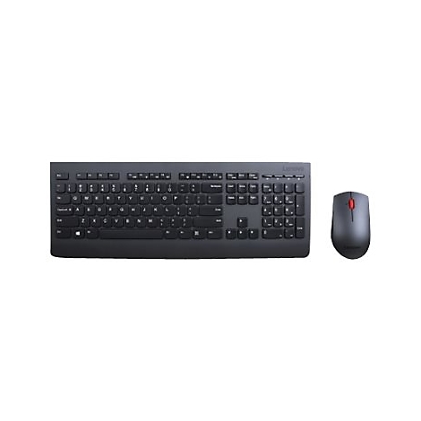 Schwarze Tastatur und Maus von Lenovo, auf weiÃŸem Hintergrund.