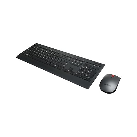 Schwarze Lenovo Tastatur und Maus. Auf der Maus ein roter Knopf.