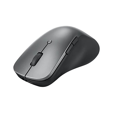 Drahtlose Computermaus. Grau und schwarz, mit Scrollrad, zwei seitlichen Tasten und einem USB-Anschluss.