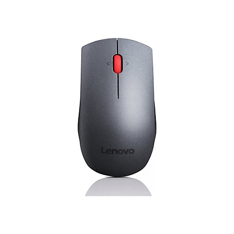 Drahtlose Computermaus von Lenovo in Grau mit rotem Scrollrad. Das Lenovo-Logo ist sichtbar.