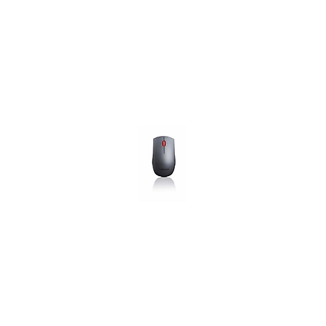Souris sans fil grise avec un bouton rouge sur fond blanc. Le mot 'Lenovo' est à peine visible.