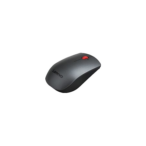 Souris noire sans fil avec molette rouge et logo Lenovo.