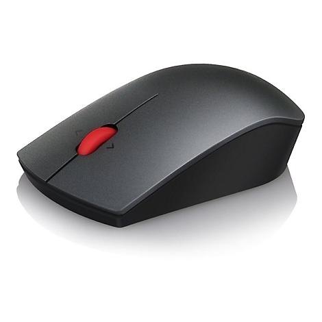 Souris grise, molette de défilement rouge, partie inférieure noire. Sur fond blanc.