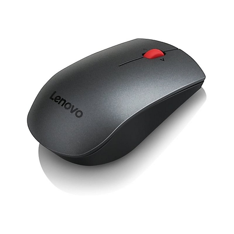 Souris Lenovo sans fil, gris foncé avec une molette rouge. Le logo Lenovo est clairement visible.