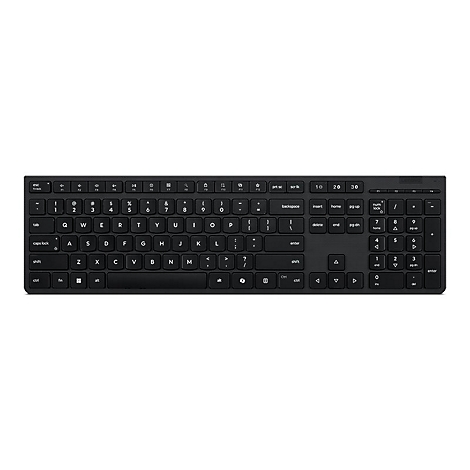 Schwarze Lenovo-Tastatur mit QWERTZ-Layout. Die Tasten sind beschriftet. Im Hintergrund ist weiß.