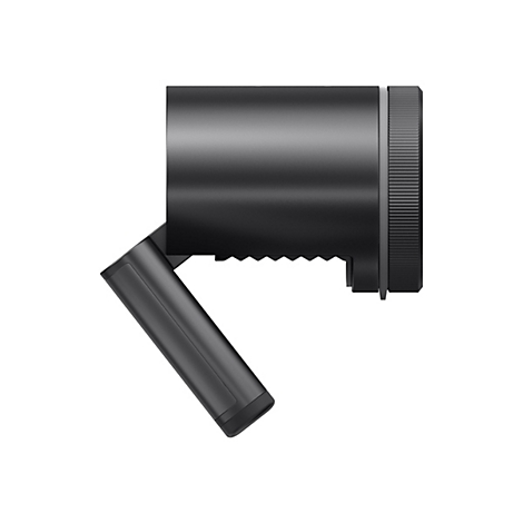 Objet noir de forme allongée et à extrémité cylindrique. Une partie angulaire est fixée au boîtier. Sur fond blanc.