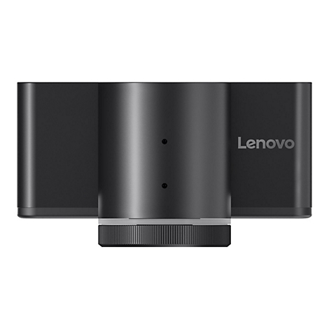 Vue de dessus d'une webcam Lenovo noire. L'objectif et le logo Lenovo sont reconnaissables.