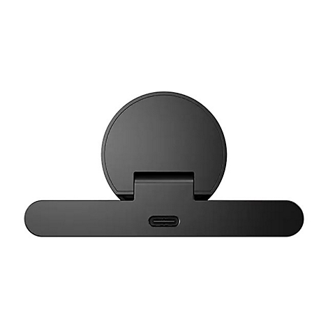 Objet circulaire noir avec base rectangulaire et port USB-C. L'objet est sur fond blanc.